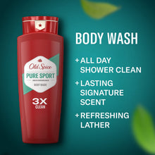 Red body wash bottle with Pure Sport label on teal with leaf graphics
