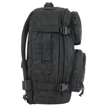 Tactical backpack with side utility straps, front pouch, and reinforced paneling