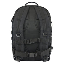Tactical backpack with padded shoulder straps, front buckles, and mesh back panel