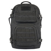 Tactical backpack front with top flap pocket, padded front organizer, and side straps