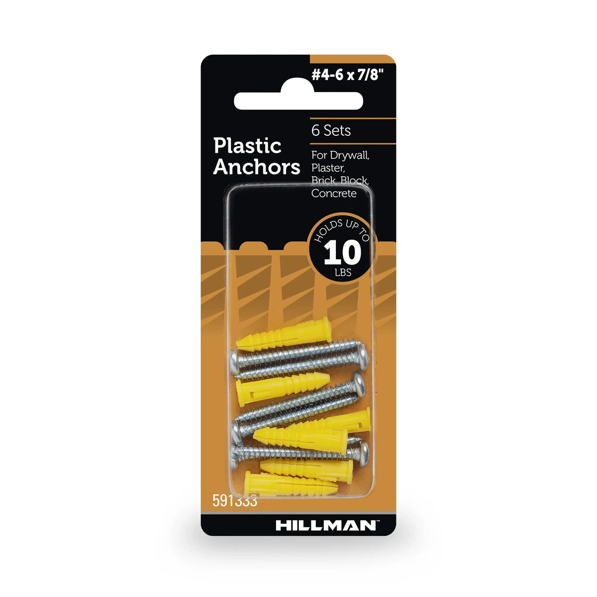 Hillman Multi-Material Ribbed Anchor Screws, #4-6 x 7/8", Plastic and Steel, 10 lbs, Yellow, 6 sets
