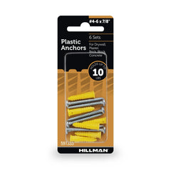 Hillman Multi-Material Ribbed Anchor Screws, #4-6 x 7/8", Plastic and Steel, 10 lbs, Yellow, 6 sets