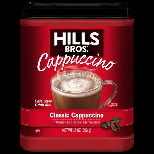Instant cappuccino mix canister with Hills Bros. Cappuccino branding and cup graphic