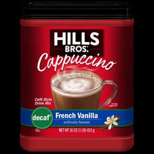 Hills Bros Cappuccino decaf French Vanilla instant drink mix canister, red container