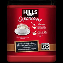 Hills Bros cappuccino instant mix container, red jar with serving directions panel