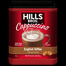 Hills Bros cappuccino instant drink mix container, red jar with English Toffee label