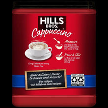 Hills Bros cappuccino French vanilla instant mix jar with back panel serving instructions