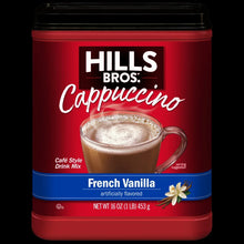 Hills Bros cappuccino French vanilla instant mix jar with front label and serving cup
