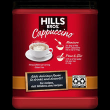 Instant cappuccino mix tub with back panel showing serving directions and measuring icons