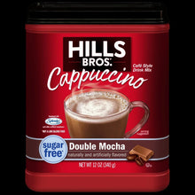 Red instant cappuccino mix canister with Hills Bros. Double Mocha label
