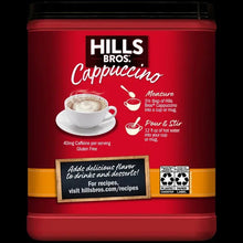 Hills Bros cappuccino mix tub with serving instructions and White Chocolate Caramel label