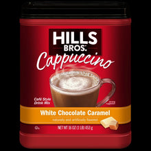 Hills Bros cappuccino mix tub, red with White Chocolate Caramel flavor label