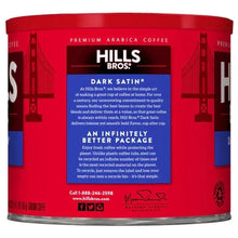 Ground dark roast coffee can, red Hills Bros. Dark Satin back panel view.