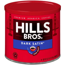 Ground dark roast coffee can, red Hills Bros. Dark Satin label.