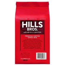 Hills Bros. Arabica whole bean coffee bag back side with barcode and roast info