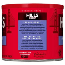 French roast ground coffee tin, red can with back label text and Hills Bros branding