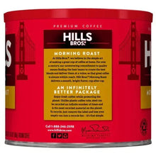 Hills Bros Morning Roast ground coffee can back panel, red tin with product text.