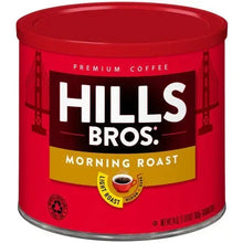 Hills Bros Morning Roast ground coffee can, red with gold label and badge.