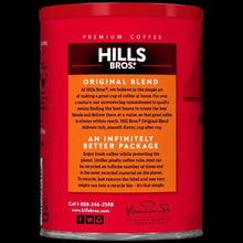 Ground coffee can back label: Hills Bros. Original Blend medium roast, red canister.