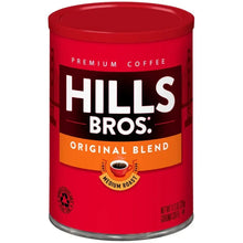 Ground coffee can: Hills Bros. Original Blend medium roast, red container with label.