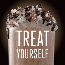 Whipped chocolate espresso frappe drink with chocolate shavings, 'TREAT YOURSELF' text.