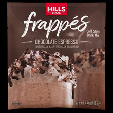 Chocolate espresso frappe drink mix pouch with frothy cup and chocolate toppings.