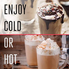 Iced and hot caramel coffee drink in glasses with whipped foam