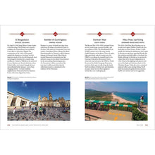Hardcover history book open to multiple labeled pages with two inset photos