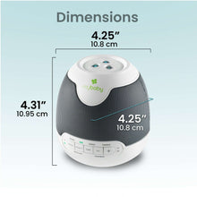 White and gray mybaby soundspa lullaby projector with dimensions shown