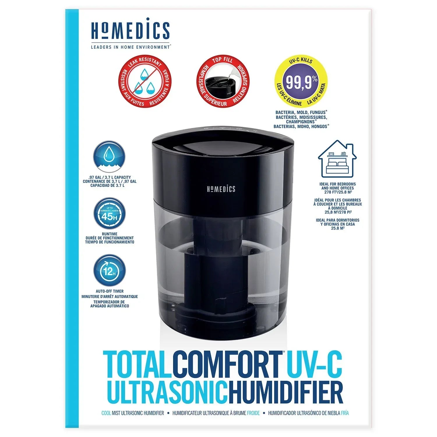 HoMedics Total Comfort UV-C, Cool Mist Ultrasonic Humidifier for Medium Rooms - 2 Pack