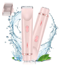 Pink electric body trimmer with dual heads and buttons, shown upright