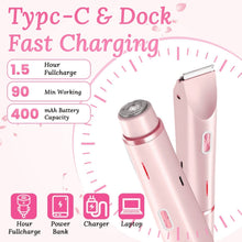 Pink electric body trimmer with circular shaver head, shown with charging details