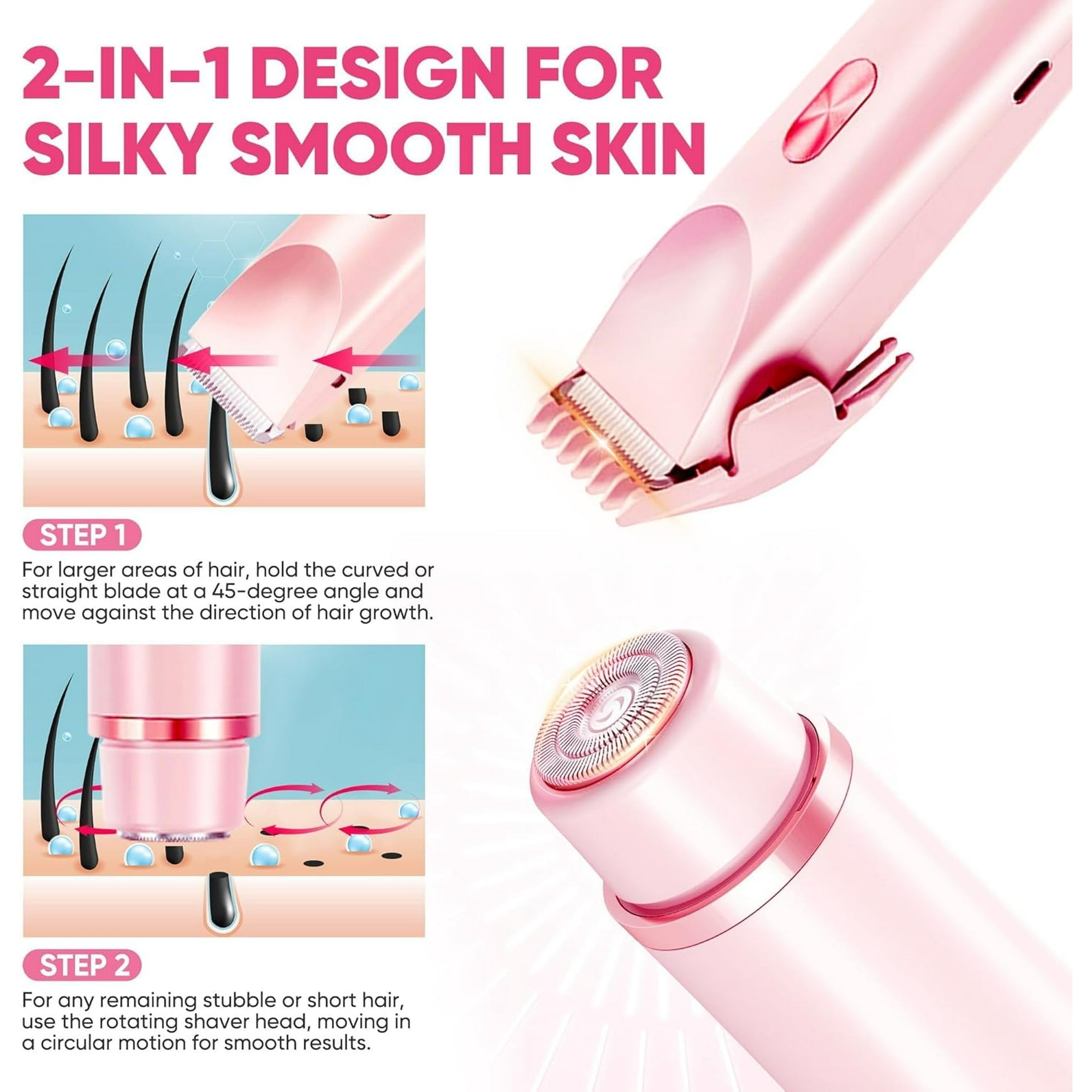 Hoeylife Body Trimmer for Women, Dual-Head Electric Razor, Bikini Trimmer with Dual Ceramic Blades, USB Rechargeable Wet Dry Use IPX7 Waterproof