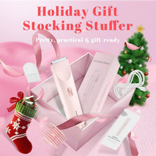 Pink electric body trimmer displayed in gift packaging with included accessories