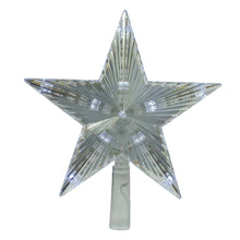 Clear five-point star tree topper with lit white LED strands and mounting pole
