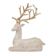 Wooden-style deer figurine lying with antler rack and raised head