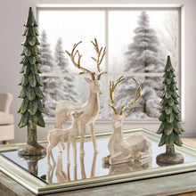 Tabletop deer and tree figurine set with white deer and green fir trees