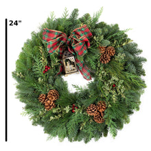 24 in holiday wreath with red plaid bow, pine cones, and red berry accents
