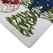 Hooked rug corner with textured gray edge and green pine design