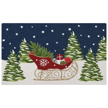 Holiday hooked accent rug, blue with red sleigh, green trees, and white snow dots