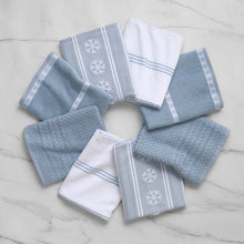 Blue holiday kitchen towels, 8-pack, with snowflake, stripe, and woven patterns