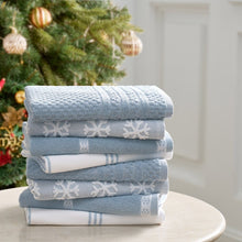Blue holiday kitchen towels, 8-pack, with snowflake designs and striped borders
