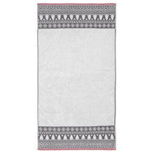 Bath towel with white solid body and red/white patterned border at top and bottom