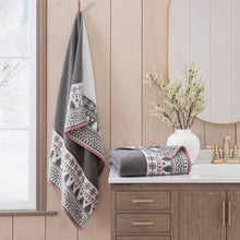 Bath towel with dark gray base and red/white Fair Isle border, 2-pack style