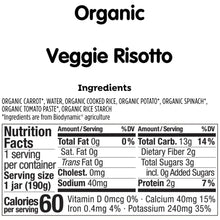 Organic Veggie Risotto baby food jar label, ingredients and nutrition facts