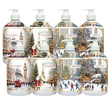 8-pack holiday hand soap bottles with white pumps and colorful winter street labels
