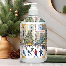 Holiday hand soap bottle with white pump and Balsam Fir label over winter city scene
