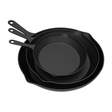 Nested black cast iron skillet set of 3 with loop handles, pre-seasoned surface