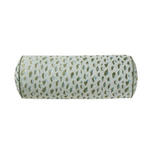 Woven leopard print bolster decorative pillow, light sage and white with green spots.