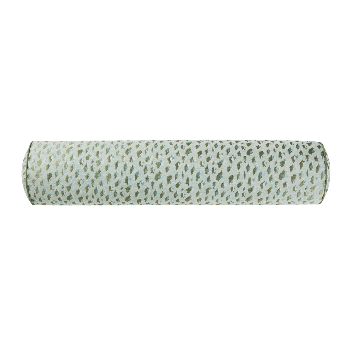 Woven leopard print bolster decorative pillow, light sage fabric with dark green spots.